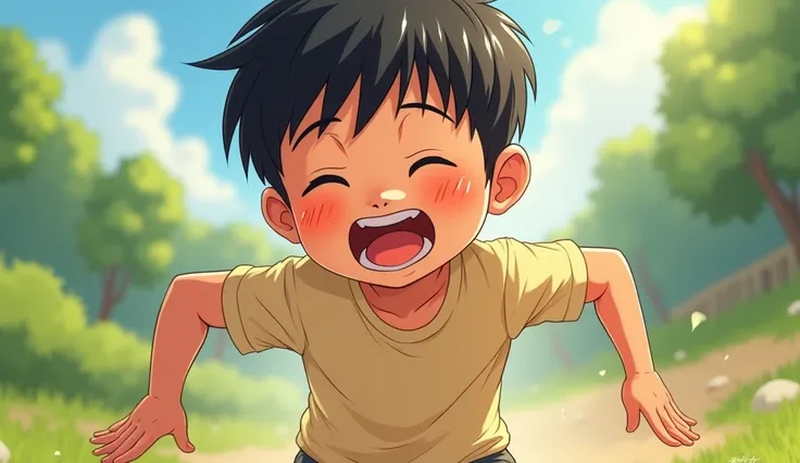 
A realistic illustration of a young , around 7-, energetically playing outdoors and sweating heavily. The , an East Asian boy with short black hair, is wearing a casual t-shirt and shorts. His face is flushed, and visible sweat droplets are on his forehea...