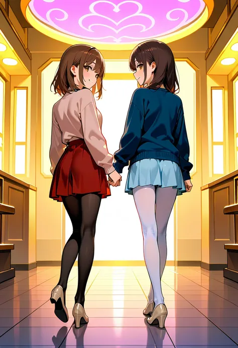 masterpiece, best quality, amazing quality, at Valentine Day, holding hands, back view, looking back, walking, 2girl, smiling, looking at viewer, brown hair, medium hair, brown eyes, girl(pink sweater with knee, red skirt, black tights, brown pumps,), girl...