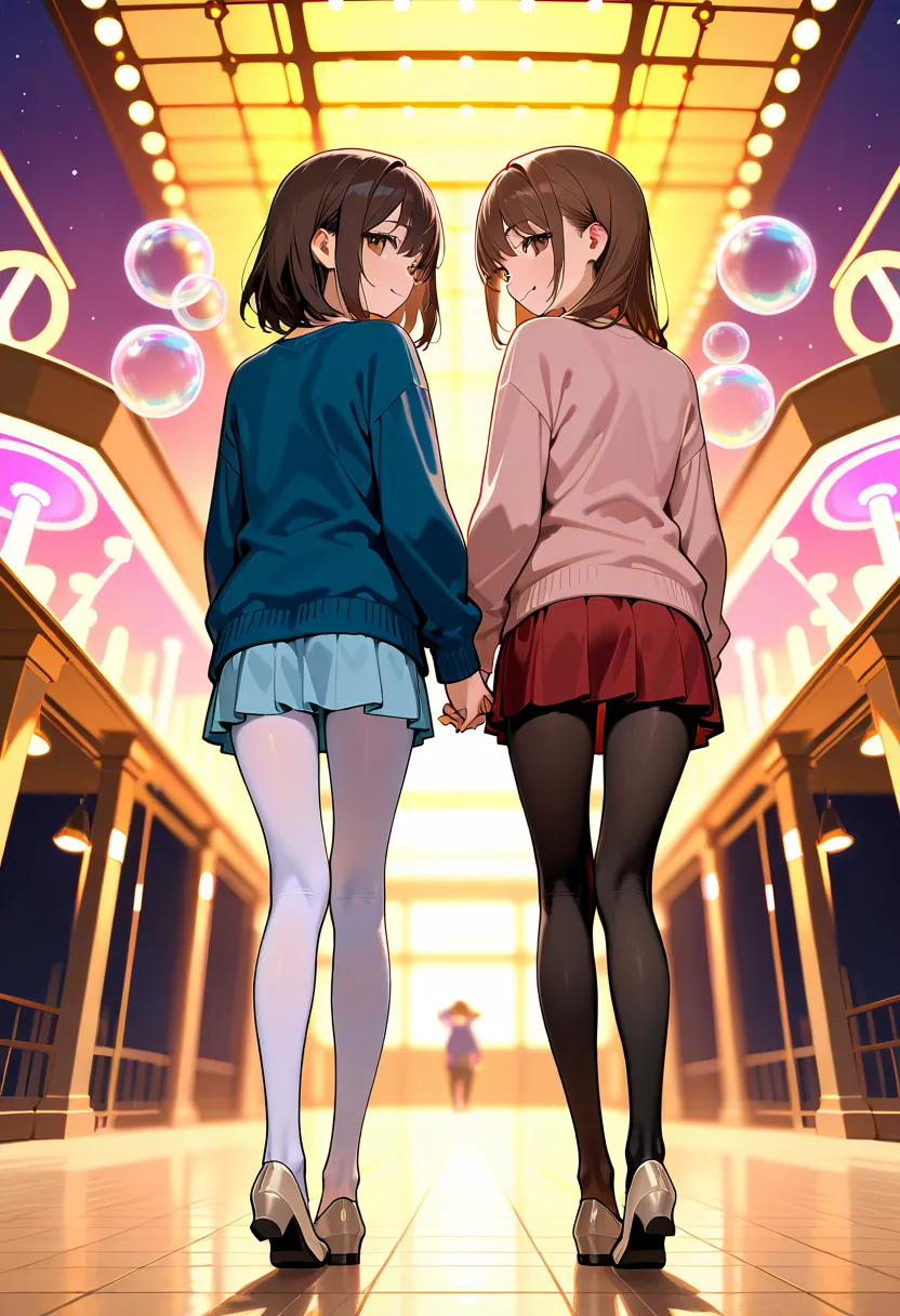 masterpiece, best quality, amazing quality, at Valentine Day, holding hands, back view, looking back, walking, 2girl, smiling, looking at viewer, brown hair, medium hair, brown eyes, girl(pink sweater with knee, red skirt, black tights, brown pumps,), girl...