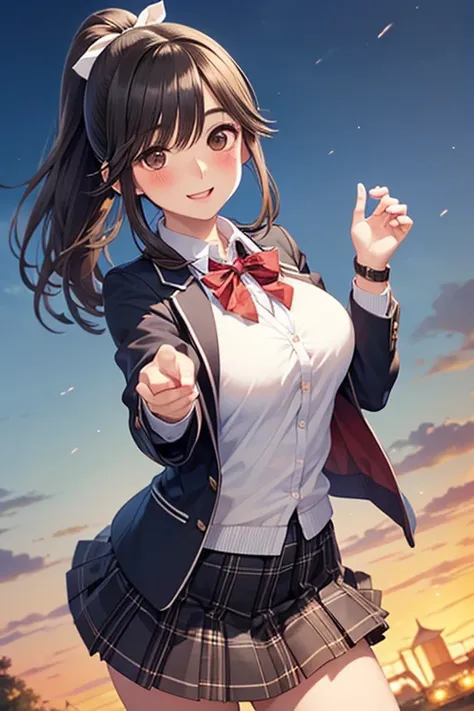 Takane Manaka, shiny brown long hair, ponytail with white ribbon, beautiful brown eyes, smiling face, sparkling pupils, (fine grain), highly detailed eyes, highly detailed face, highly detailed eyes,, (masterpiece:1.2, best quality), 1 girl, cowboy shot,, ...