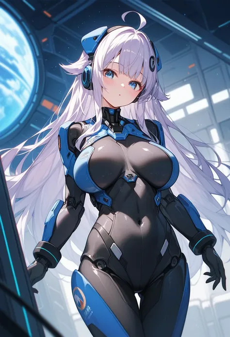 1girl, solo, blue_eyes, rating:safe, looking at viewer, bangs, ahoge, breasts, blush, white hair, purple hair, long hair, hair flaps, cowboy shot, straight hair, :|, big breasts,breasts apart, emotionless, mecha musume,blue armor,bodysuit,black bodysuit, s...