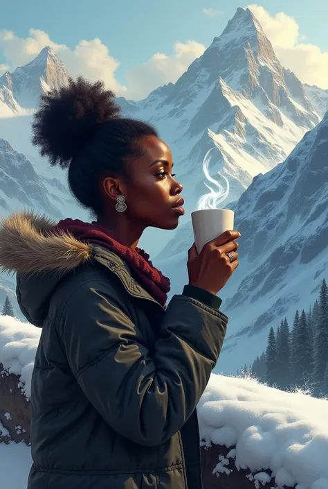 I WANT AN IMAGE OF A BLACK WOMAN DRINKING COFFEE IN THE MOUNTAINS