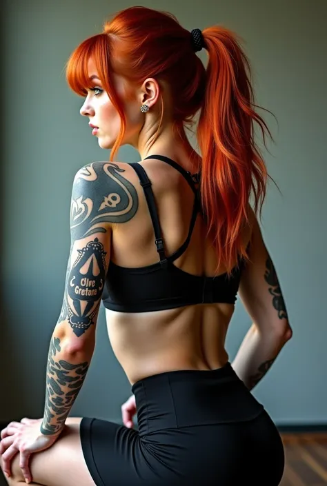 arafed  Woman with red hair and tattoos posing on a bench, profile picture, retrato de maci holloway, redhead woman, John shouted , athletic fashion photography,   photo from the back , power pose, chalet core!! corpo fitness, a young redhead,  Looking to ...