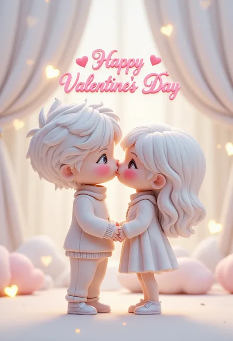  Valentine'sCartoonAdventure,  A CGI image of two cute, chibi-style, white-haired anime characters with large, expressive eyes. The boy wears a sweater and pants, the girl a dress. They stand close, touching cheeks. Background features glowing heart-shaped...