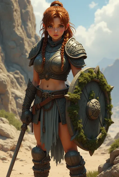 "4K anime style quality, digital drawing mode, a strong female defender with earthy brown eyes, wild chestnut hair in braids, wearing rugged stone armor with moss-covered details, wielding a heavy stone shield, standing in a rocky terrain with dust settlin...