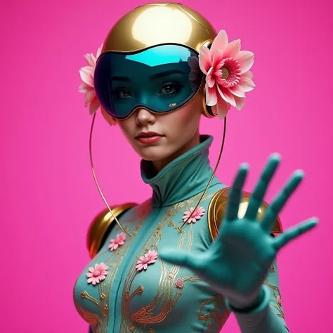 A futuristic cyberpunk-inspired female humanoid with teal skin, wearing a golden high-tech headset with a pink mechanical flower on the side. She is dressed in an elegant, high-collared bodysuit made of luxurious teal fabric adorned with intricate golden c...