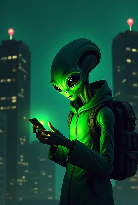 I need an alien looking at a cell phone in his hand, a neon green light comes out of this cell phone, night scene with buildings around, on top of these buildings there are some location pins, neon green, reference to realism