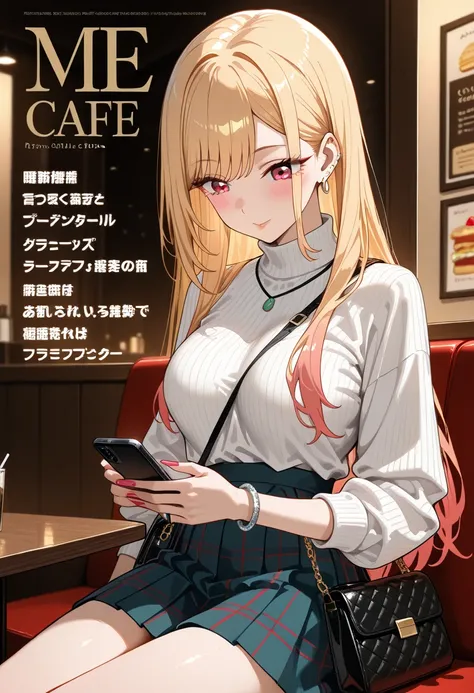 Marin Kitagawa, sitting at a corner café table, focusing entirely on her smartphone held in her left hand, while her right hand absentmindedly lifts a straw to her lips, looking down at the phone screen, long loose blonde hair cascading over her shoulders,...