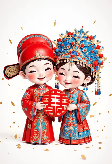  Valentine'sCartoonAdventure , A digital illustration of a traditional Chinese New Year scene featuring a smiling boy and girl in ornate red and blue traditional Chinese attire, holding a red Chinese character. The girl wears a headdress adorned with red a...