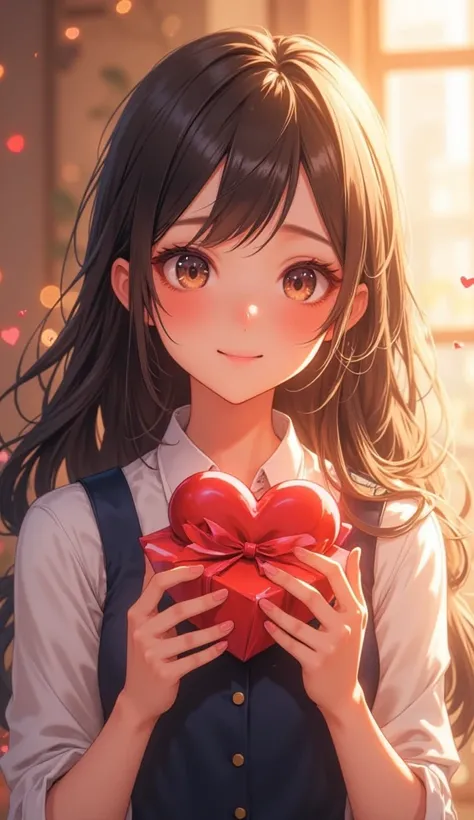 Woman (20s, clean face, big smile, long black hair, white open collar shirt, navy blue vest, close-up of face, shiny eyes), looking at me, holding valentine present on chest, anatomically correct body, Valentine's Day, bright sunlight The warm atmosphere, ...