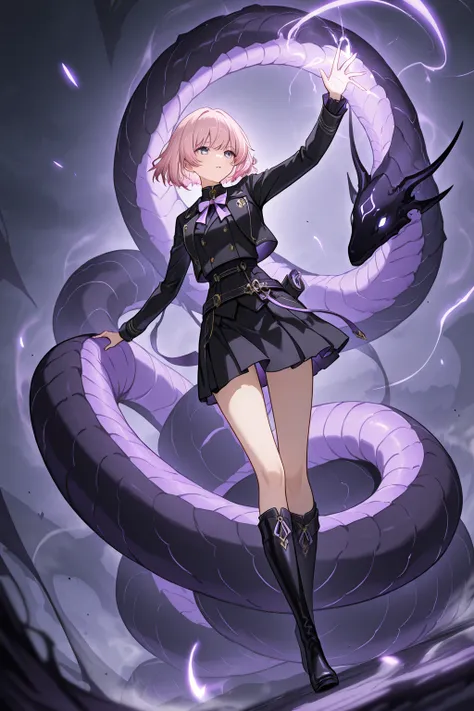 1 girl, violet eyes, light pink hair, short hair, cool, beautiful, black jacket, black skirt, black boots, mysterious atmosphere, bow in one hand, arrow in the other hand, archer, masterpiece, coiled, great quality, very aesthetic, absurd, latest, 8K, perf...