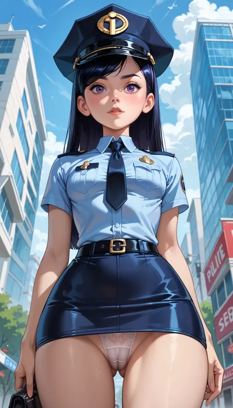 (Violet Parr), the Incredibles, police uniform, light blue short-sleeved shirt, ultra-short pencil skirt, navy blue skirt, tie, police hat, black hair, purple eyes, slim girl, skinny girl, small breast, front, cowboy shot, white panties, cameltoe, front, f...