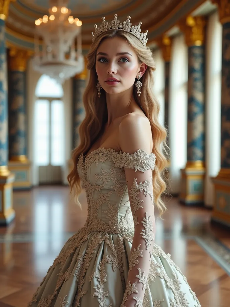 Draw a woman with model Victoria Turner’s face and she is wearing a 21th century offical royal family style dress and she is standing in the Winter Palace of the Russian Empire, she has blonde hair