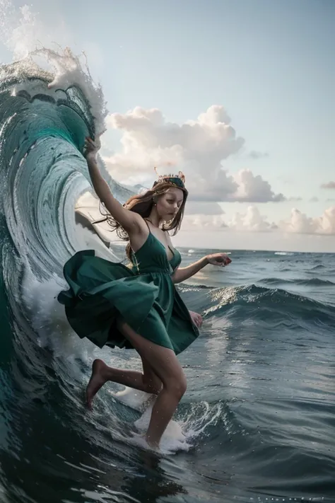 Beautiful woman wearing green dress,staff wearing a queen's crown,flying low,every once in a while his feet touch the sea water,big waves.