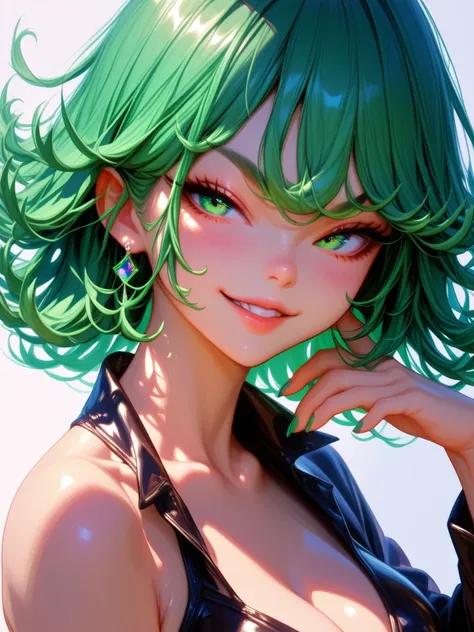 masterpiece, best quality, portrait of tatsumaki, green eyes, green flaming eye, green eye trail, flaming eye, eye trail, smug 