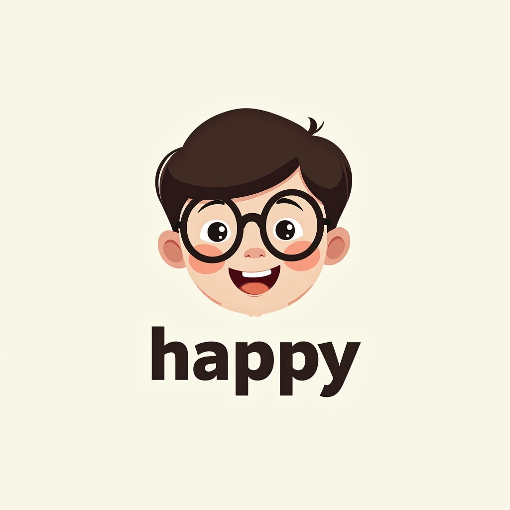 A logo of a boy with glasses and under the boy say happy