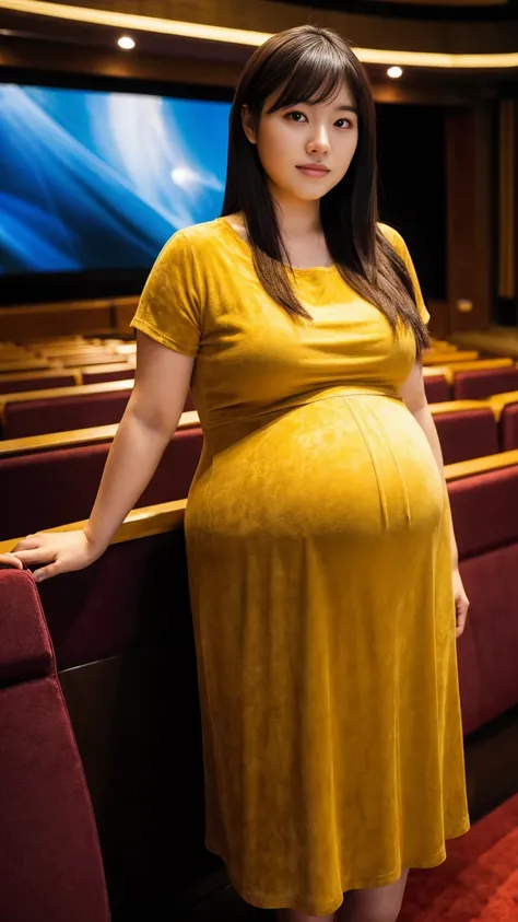 masterpiece, Best Quality, 8K,looking at the viewer,Japanese Lady,20 years old, huge pregnant, Voluptuous, cinema background, suede dress, standing, hair hime cut