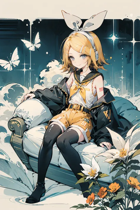 ( Masterpiece), ( top quality), ( Illustration of ), ( super precision ), ( Hi-Res),  absurd,  one girl, (Kagamine_Also:1.5), ( vocaloid ),  shoulders are cropped ,  short hair,  hair clip, , (ブロンド), Very  cute Girl,  small,  young, delicate, Note to girls...