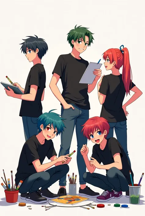 Generate a anime characters up to 15 to 20 age wearing a black tshirts having some art materials in hand 