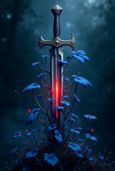 Generate me an image with a dark background on which is a silver dagger overgrown with wild blue plants and a red flame 