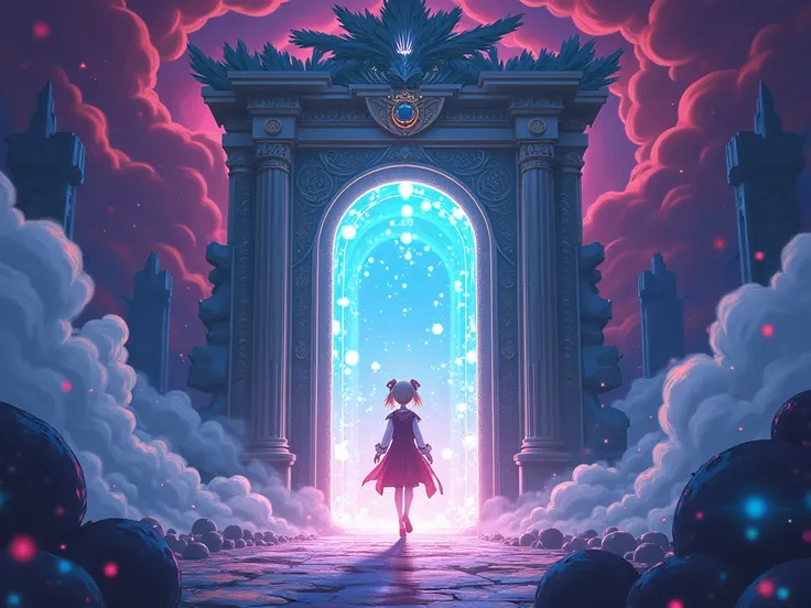 make a background for thumbnail for there are two magical gate in the background  like one character commong out for gate (make detail art work)(make in anime style)