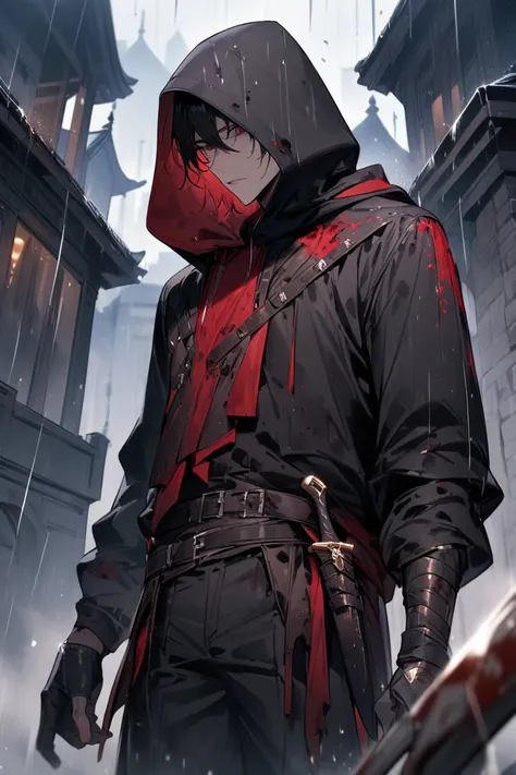 1 boy ,  male focus, assassin,  black hood covering the hair,  black pants,  black head,  red eyes, Blood on clothes, Outdoor, rain, dagger, ( masterpiece), ( top quality), (Ultra-precision), Aesthetic,  illustration,  Perfect Composition,  intricate detai...