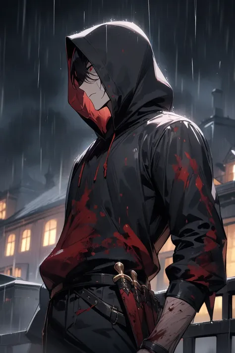 1 boy ,  male focus, assassin,  black hood covering the hair,  black pants,  black head,  red eyes, Blood on clothes, Outdoor, rain, dagger, ( masterpiece), ( top quality), (Ultra-precision), Aesthetic,  illustration,  Perfect Composition,  intricate detai...