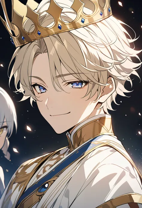 boy、( Masterpiece、 top quality、 top quality、beauty:1.2)、( Good Anatomy :1.5)、 cream golden wave hairstyle with crown,short hair,Smile、 Shining Eyes 、 Cute Clothes ,The one with the crown, anime boy, prince, Pixiv style, Pixiv, illustration, Angelic、 Face ...