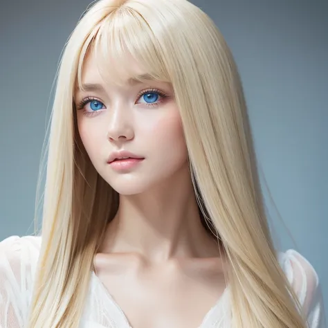  Unrivaled Beauty , Glowing, firming and radiant skin, 目と目の間のbangs,  shiny straight beautiful platinum blonde,  super long straight silky blond,  eyeliner,  sexy beautiful innocent  , high definition big beautiful very bright light blue eyes,  beautiful an...