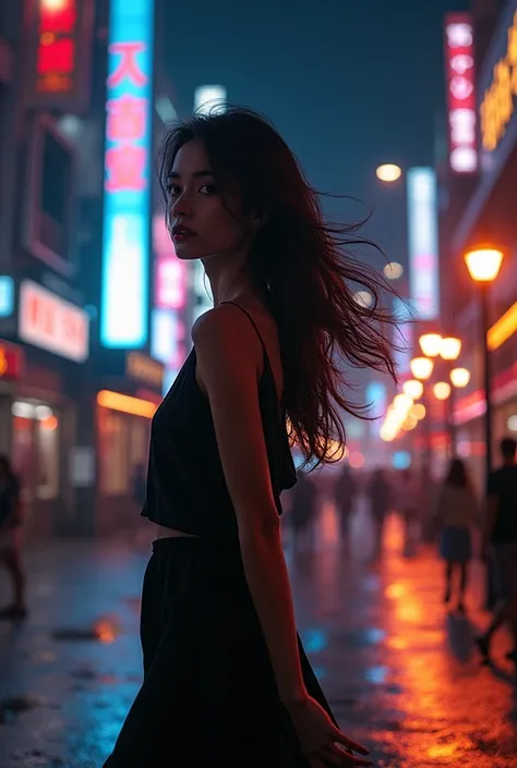 A very beautiful 28-year-old woman walking on a lit street at night