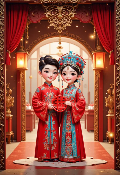 Valentine'sCartoonAdventure, A digital illustration of a traditional Chinese New Year scene set in a classic Ming Dynasty bridal chamber. The room is adorned with intricate wooden carvings, red silk curtains, and golden lanterns casting a warm glow. A smil...