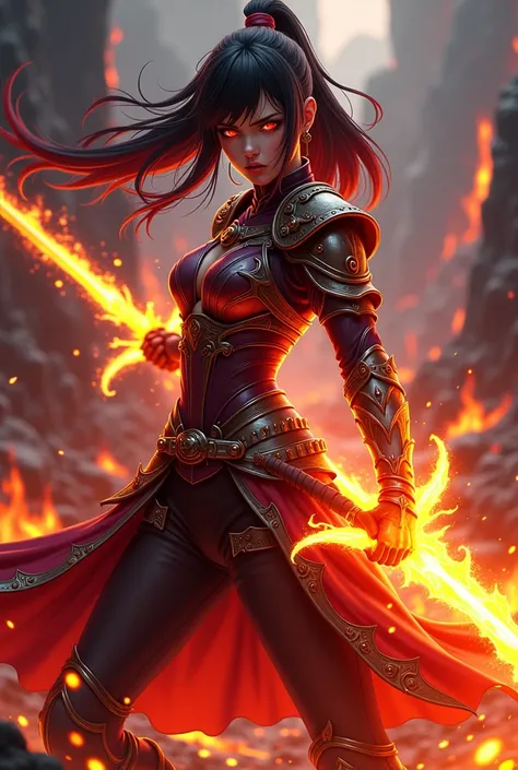 "4K anime style quality, digital drawing mode, an intense female swordswoman with blazing red eyes, wild black and red hair, wearing flame-patterned armor with embers at the edges, wielding a fiery sword engulfed in flames, standing in a molten battlefield...