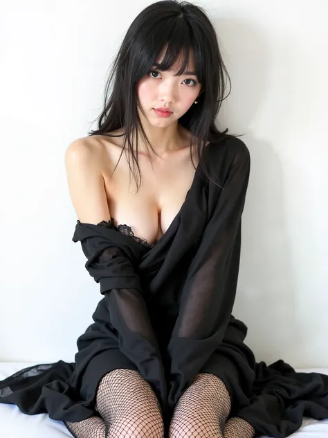 real photograph, (masterpiece), (Best Quality), (Super detailed), ( A Japanese girl ), big breast, (black full-length fishnet tights , Wrap a black chiffon around your body), on all fours (pose) , fashion model , (simple White background),  more beautiful ...