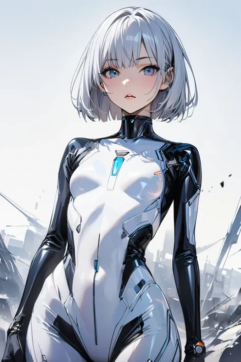  one girl、20 years old、 top quality、 masterpiece、 futuristic bodysuit 、 Silver Bob Cut 、cool android、 slender