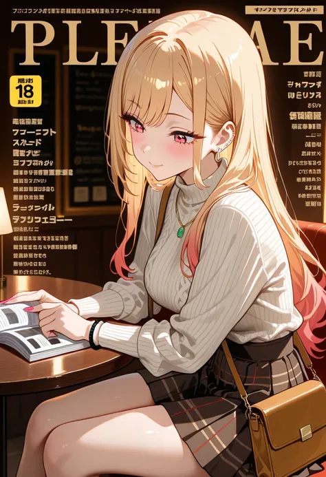 Marin Kitagawa, sitting at a well-lit indoor café table, rummaging through her purse for something, leaning forward slightly in concentration, body angled so her back is partially turned to the camera, looking down into her bag, long wavy blonde hair softl...