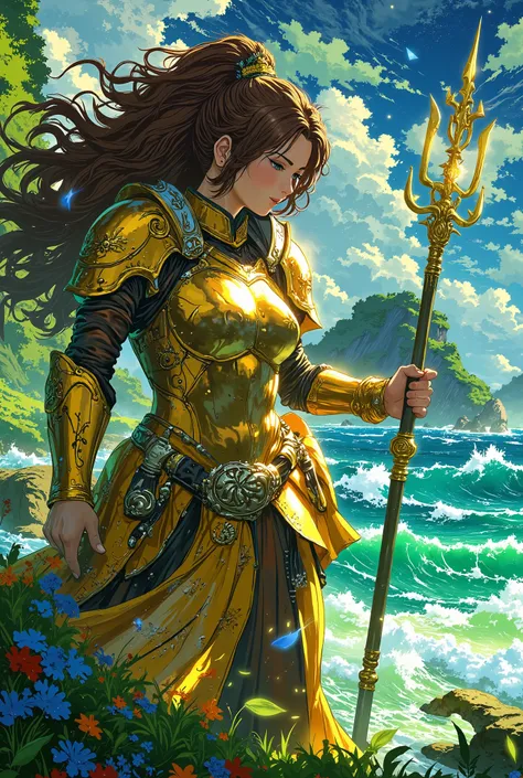 A (((background))) of the (ocean waves) with a (female 1girl) in a ((golden, hyper-detailed armor)) that reflects the (sunlight in the water) with an intricate ((trident) on her back, its design and ornamentation so detailed they seem to glow, set against ...