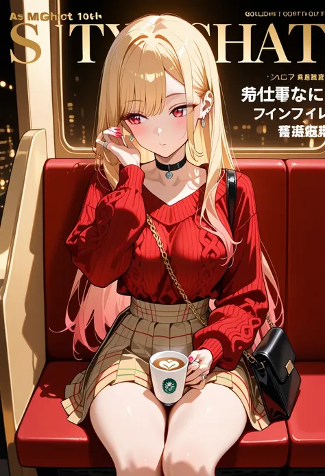 Marin Kitagawa, sitting at a corner booth in a warm indoor café, gently tucking a loose strand of hair behind her ear while lifting her latte cup with the other hand, body angled slightly sideways away from the camera, looking off to the side with a mildly...