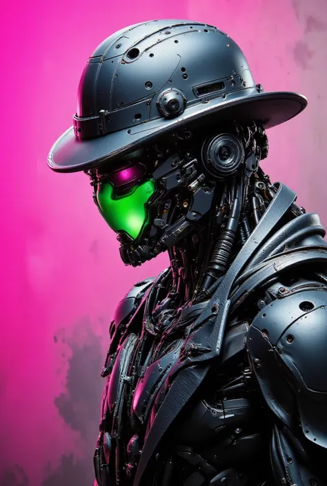 Futuristic cybernetic humanoid-male figure with a hyper-realistic design, Metal fedora hat with razor-sharp edges like Kung Lao character in mortal combat, showcasing intricate mechanical details and a muscular build. The figure is adorned with various rob...