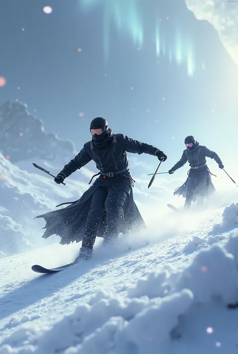 Skiing warriors in a fantastic snowy universe. They throw arrow knives in one hand while gliding with skis. Dressed in black