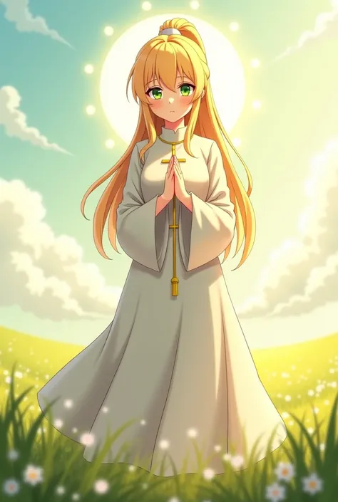 "4K anime style quality, digital drawing mode, a kind-hearted female healer with bright green eyes, long golden blonde hair tied in a simple ponytail, dressed in a white cleric’s robe adorned with a holy cross, standing in a peaceful meadow surrounded by l...