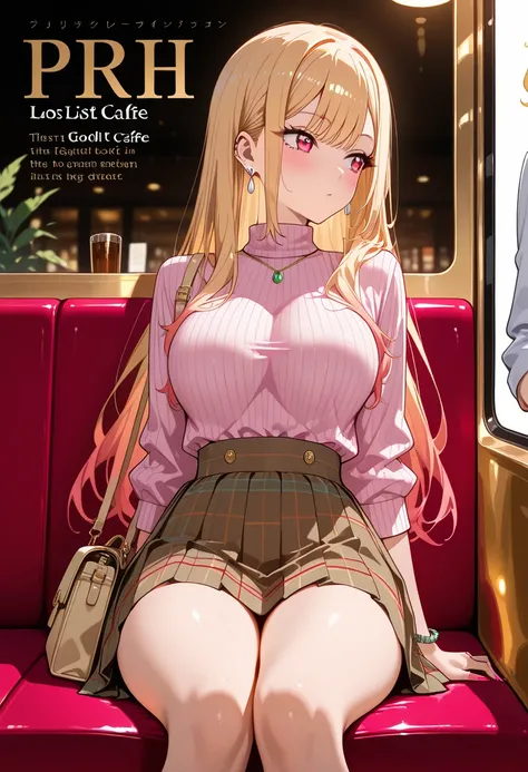 Marin Kitagawa, sitting at a stylish indoor café booth, casually leaning back against the seat while shifting her legs into a more comfortable position, looking to the side as if lost in thought, long wavy blonde hair softly framing her face, light pink om...