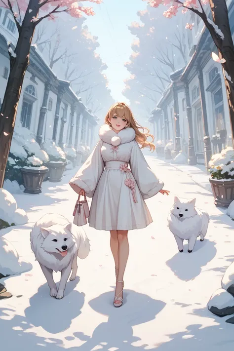 Beautiful anime-style girl taking a walk in Samoyed