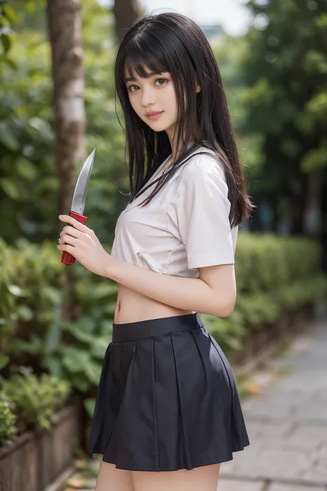  Masterpiece、 top quality、 top quality、 Hi-Res、 real 、RAW Photos、8k、(smile＋ happy:1.6)、((tight Nogizaka uniform、Short blouse 、 miniskirt:1.3))、( navel is visible:1.6)、( black hair、 long straight hair:1.3)、 slender body、 skinny、Alone、Clear green eyes、long e...