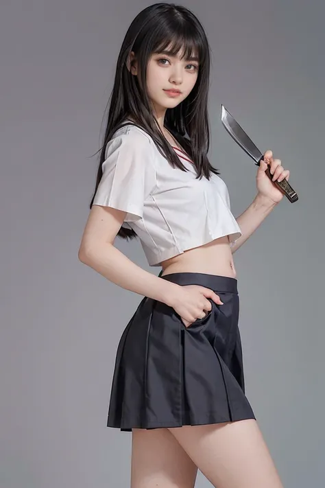  Masterpiece、 top quality、 top quality、 Hi-Res、 real 、RAW Photos、8k、(smile＋ happy:1.6)、((tight Nogizaka uniform、Short blouse 、 miniskirt:1.3))、( navel is visible:1.6)、( black hair、 long straight hair:1.3)、 slender body、 skinny、Alone、Clear green eyes、long e...