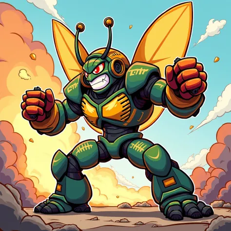 Medabot medarot, robot, insect, beetle, with anger, throwing a punch, Powerful punch, Toon cartoon   