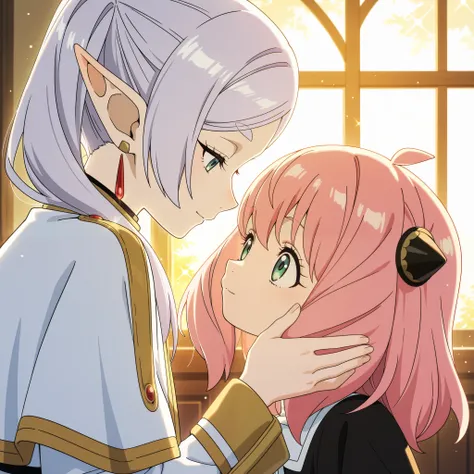 masterpiece, best quality, amazing quality, anime screencap. BREAK. Frieren (Sousou no Frieren), Anya Forger (Spy × Family), affectionate interaction, gentle smile, tender touch, fantasy atmosphere, magical glow, pink hair, elf ears,  character, soft light...