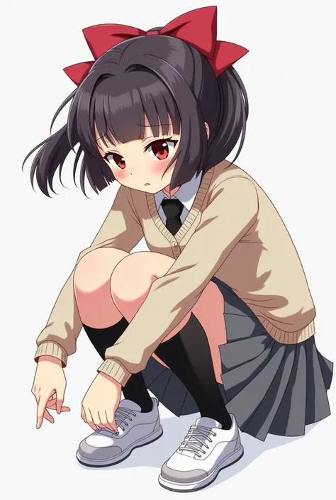  anime style, 1 girl,Female student with red eyes and dark hair 、Large、round, Black Hair Shortcut with Long Side Half Up, are thick full bangs that are cut evenly horizontally above the eyes,  gray pleated skirt that is below the butt , black or beige card...