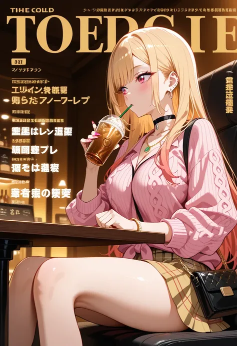 Marin Kitagawa, sitting at an indoor café booth, sipping a cold drink through a straw, slightly extending her legs under the table, looking off to the side with a thoughtful expression, long sleek blonde hair framing her face, light pink ombre hair, red ey...