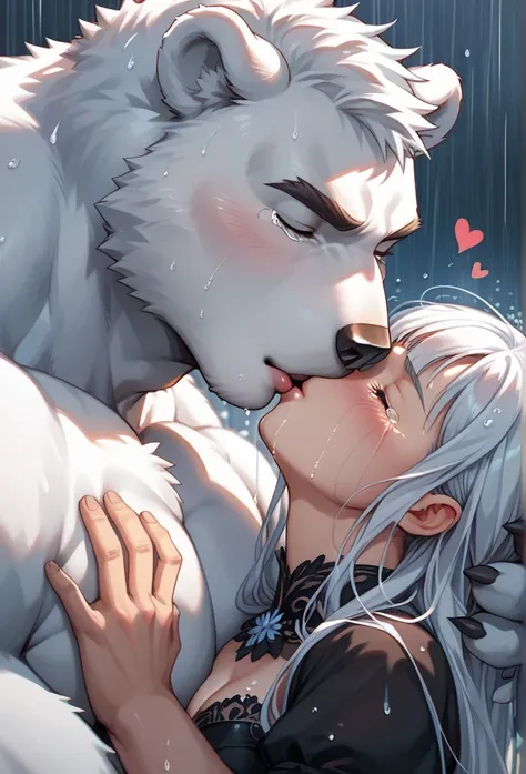 (Best quality),(materpiece), (bara),(furry),(muscular giant polar bear and a beautiful smaller human girl in black dress),(shirtless polar bear furry),(heartbeakingly kissing under the rain),(close shot),(deep kiss),(teary)