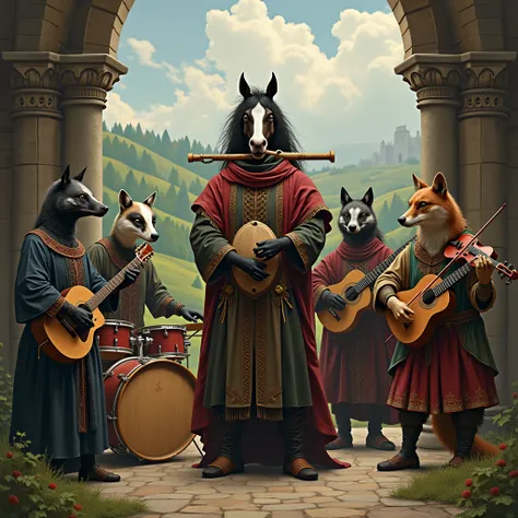 Medieval musical group, The singer is a man with an equine head and long hair and a pan flute in his hand, The drummer is a spider, The guitarist is a badger and the violinist is a fox